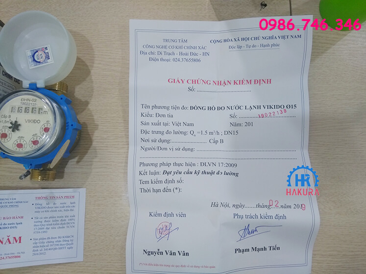 Giấy chứng nhận kiểm định đồng hồ nước sạch Vikido Bộ quốc phòng DN15