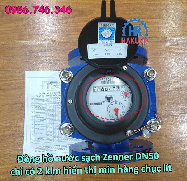 Đồng hồ nước Zenner DN50 có 2 kim quay đo nhỏ nhất hàng chục lít nước