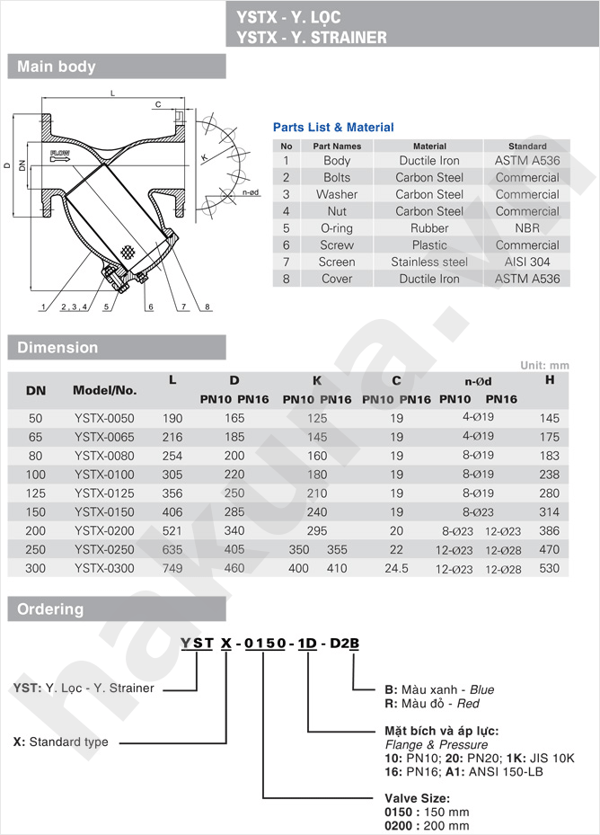 Catalogue thông số kỹ thuật van Y lọc PN16 gang dẻo YS SF5-hakura.vn