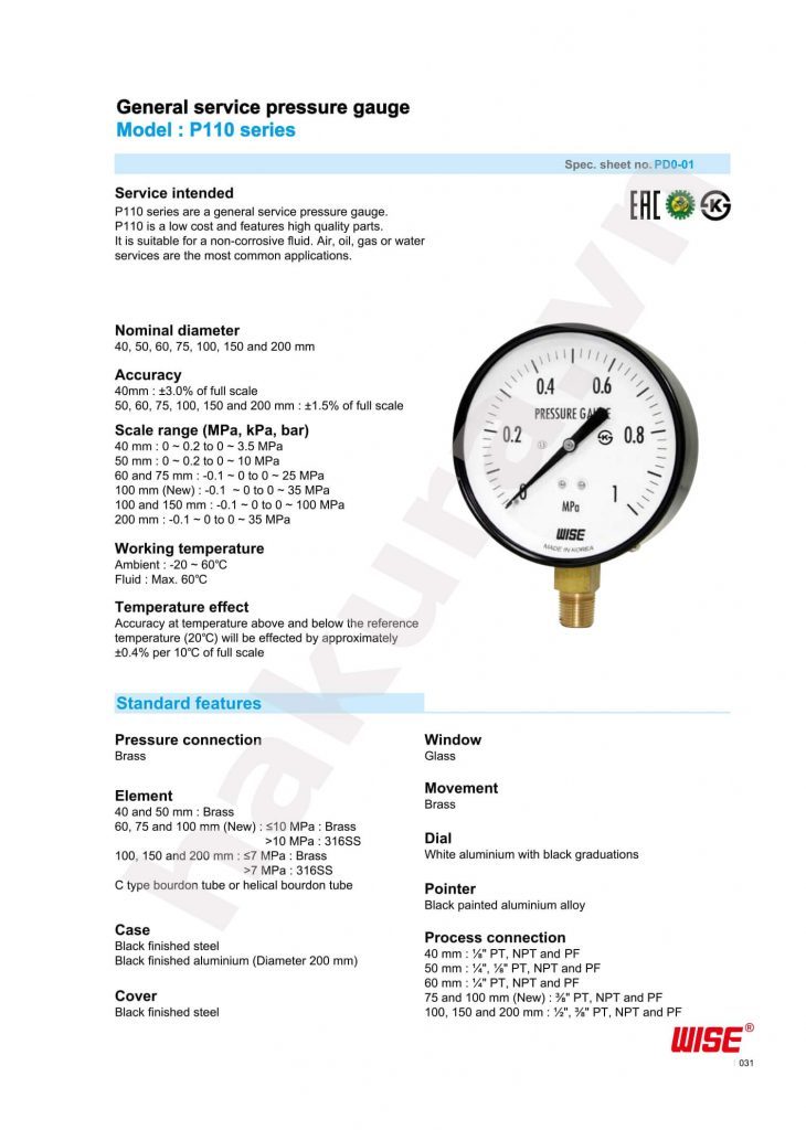 Catalogue thông số kỹ thuật đồng hồ áp suất Wise Model P110-hakura.vn