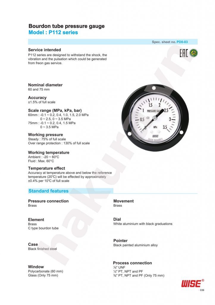 Catalogue thông số kỹ thuật đồng hồ áp suất Wise Model P112-hakura.vn