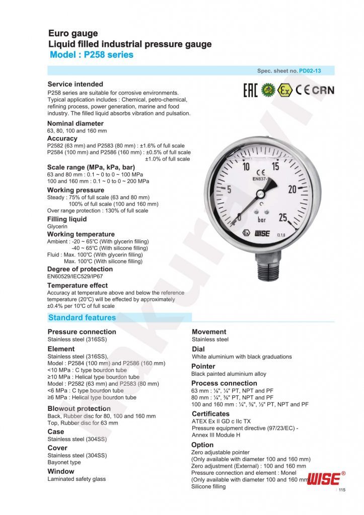Catalogue thông số kỹ thuật đồng hồ áp suất Wise Model P258-hakura.vn