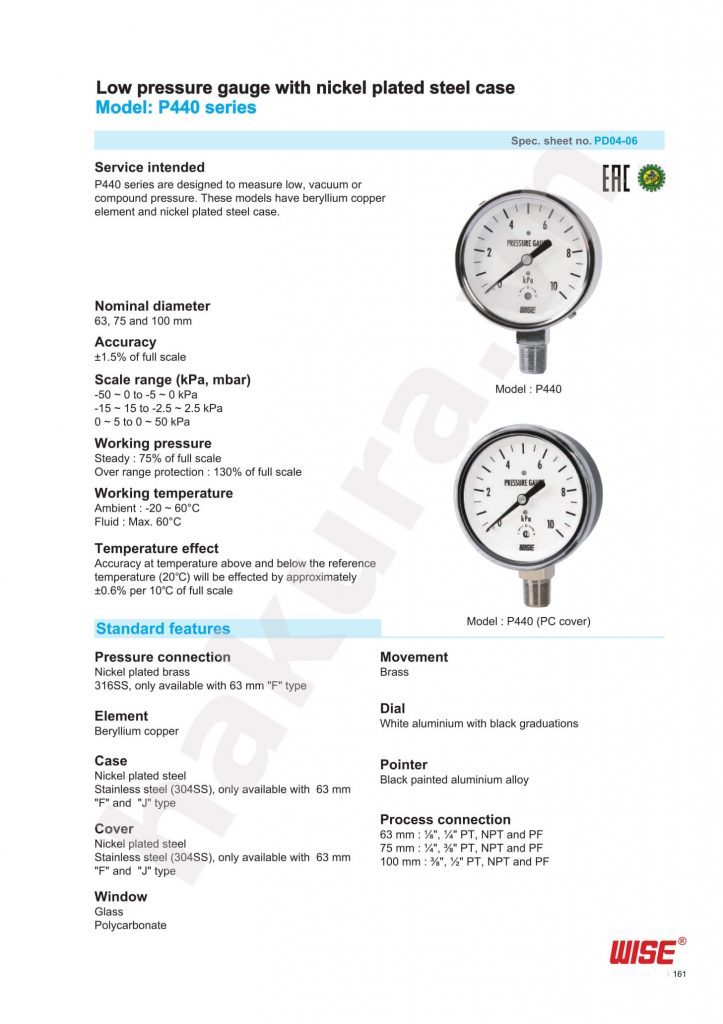 Catalogue thông số kỹ thuật đồng hồ áp suất Wise Model P440
