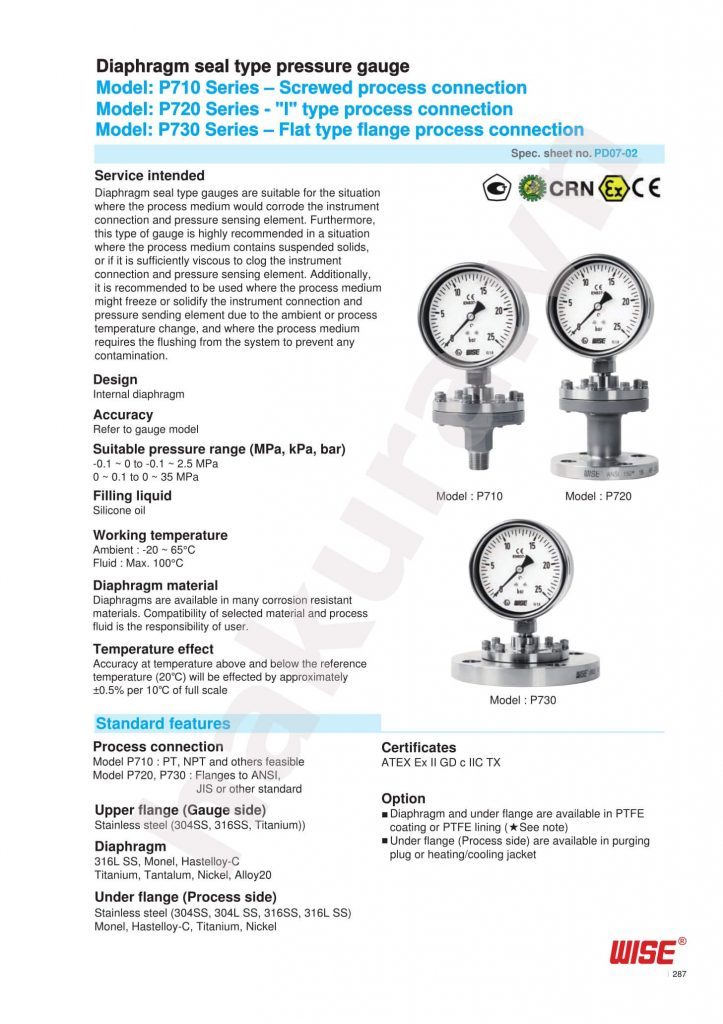 Catalogue thông số kỹ thuật đồng hồ áp suất Wise Model P720-hakura.vn