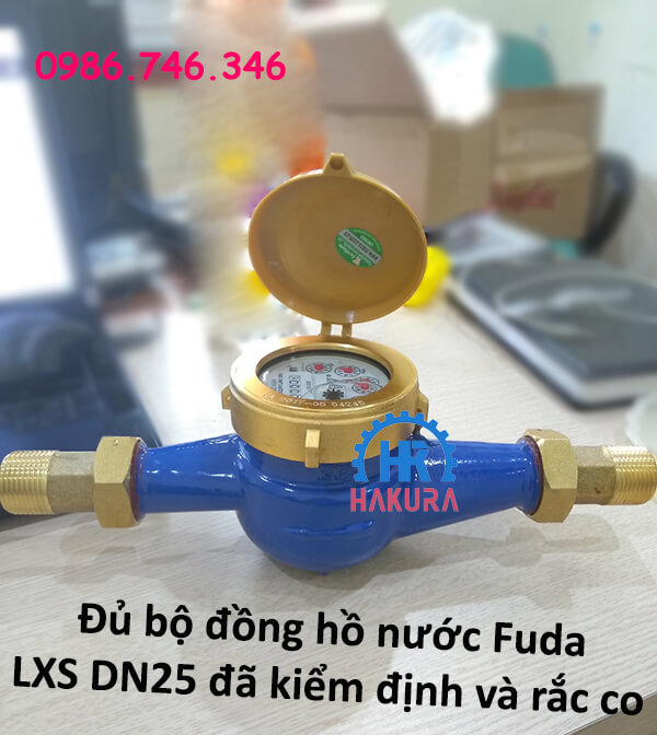 Đủ bộ đồng hồ nước Fuda LXS DN25 đã kiểm định và rắc co ren 2 đầu