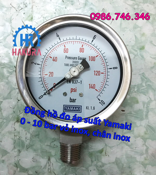 Đồng hồ đo áp suất Yamaki 0 - 10 bar vỏ inox, chân inox