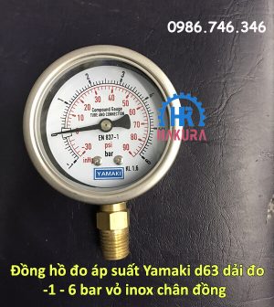 Đồng hồ đo áp suất Yamaki 63 mm dải đo -1 - 6 bar vỏ inox, chân đồng
