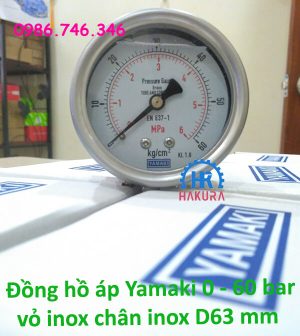 Đồng hồ áp Yamaki 0 - 60 bar vỏ inox, chân inox D63 mm