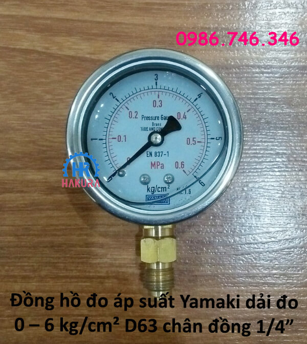 Đồng hồ đo áp suất Yamaki dải đo 0 – 6 kg/cm² D63 mm, chân ren đồng 1/4"