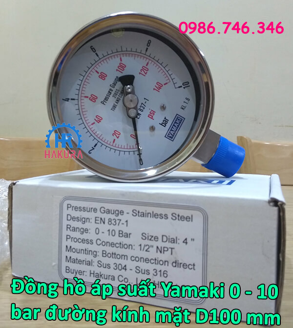 Đồng hồ áp suất Yamaki 0 – 10 bar đường kính mặt D100 mm