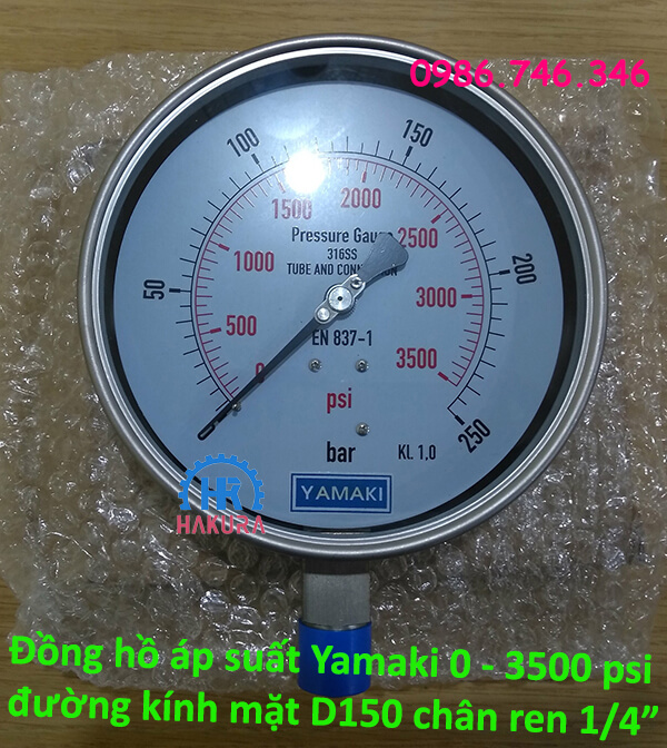 Đồng hồ áp suất Yamaki 0 – 3500 psi đường kính mặt D150, chân ren 1/4"