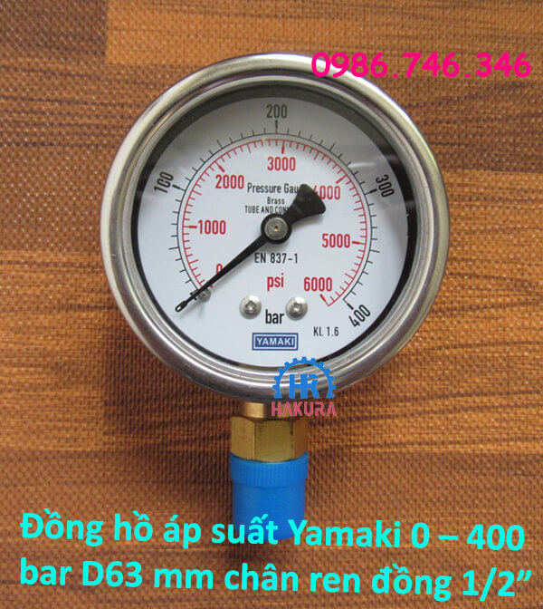 Đồng hồ áp suất Yamaki 0 – 400 bar mặt D63 mm, vỏ inox chân ren đồng 1/2"
