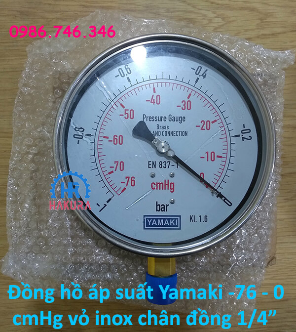 Đồng hồ áp suất Yamaki dải đo -76 – 0 cmHg vỏ inox, chân ren đồng 1/4"