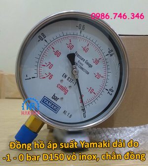 Đồng hồ áp suất Yamaki dải đo -1 – 0 bar D150 vỏ inox, chân đồng