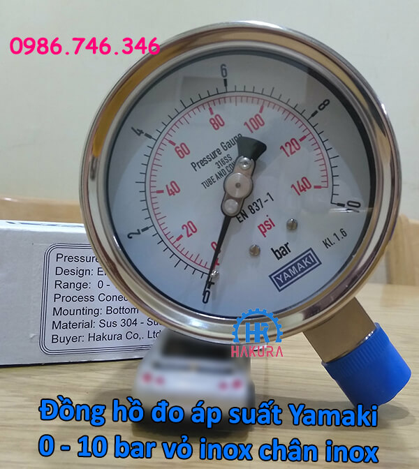 Đồng hồ đo áp suất Yamaki 0 – 10 bar D100 vỏ inox chân ren inox 1/2"
