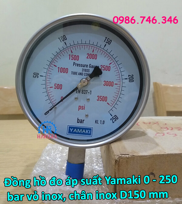 Đồng hồ đo áp suất Yamaki 0 – 250 bar vỏ inox, chân inox D150 mm