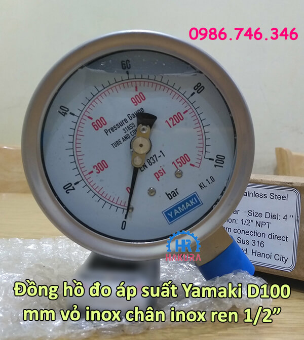 Đồng hồ đo áp suất Yamaki D100 mm vỏ inox, chân inox ren 1/2"