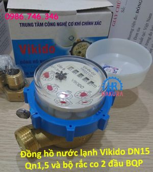 Đồng hồ nước lạnh Vikido DN15 Qn1,5 và bộ rắc co 2 đầu Bộ quốc phòng